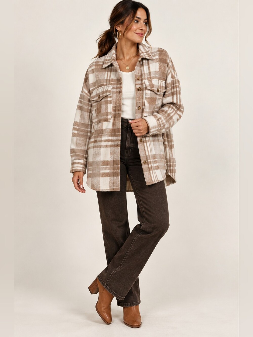 Banana Republic Petite L Oversized Plaid Shacket Shirt Jacket Tan Cream
